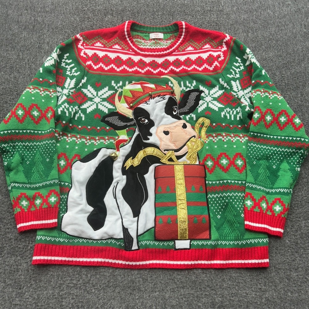 Ugly‎ Christmas Sweater Cow Holiday Bells Holiday Time Adult Size 2XL